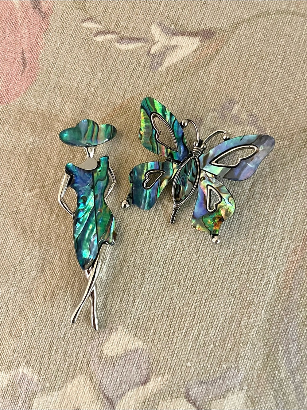 Abalone Shell Butterfly and Lady Silhouette Brooch Set - Iridescent Green